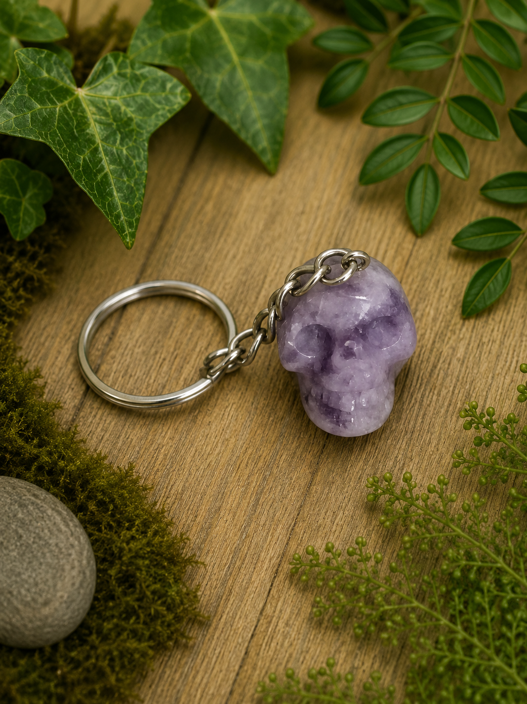 Lepidolite Skull Keychain