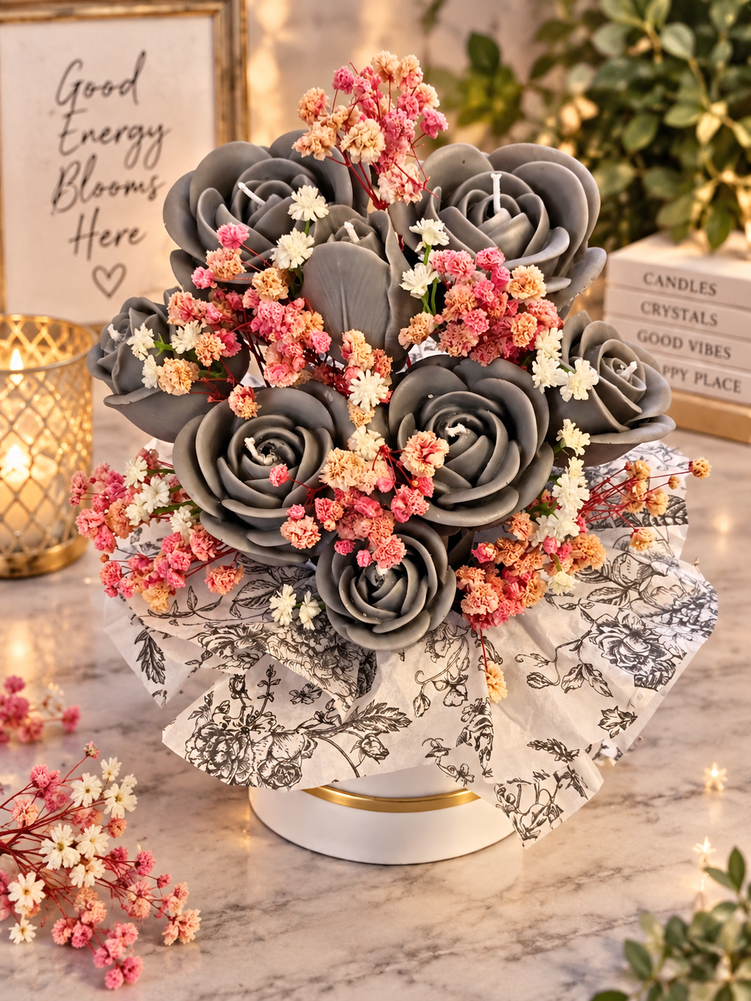 Sugared Bergamot Grey Rose Bouquet w/ Pink & White Baby's Breath 485g