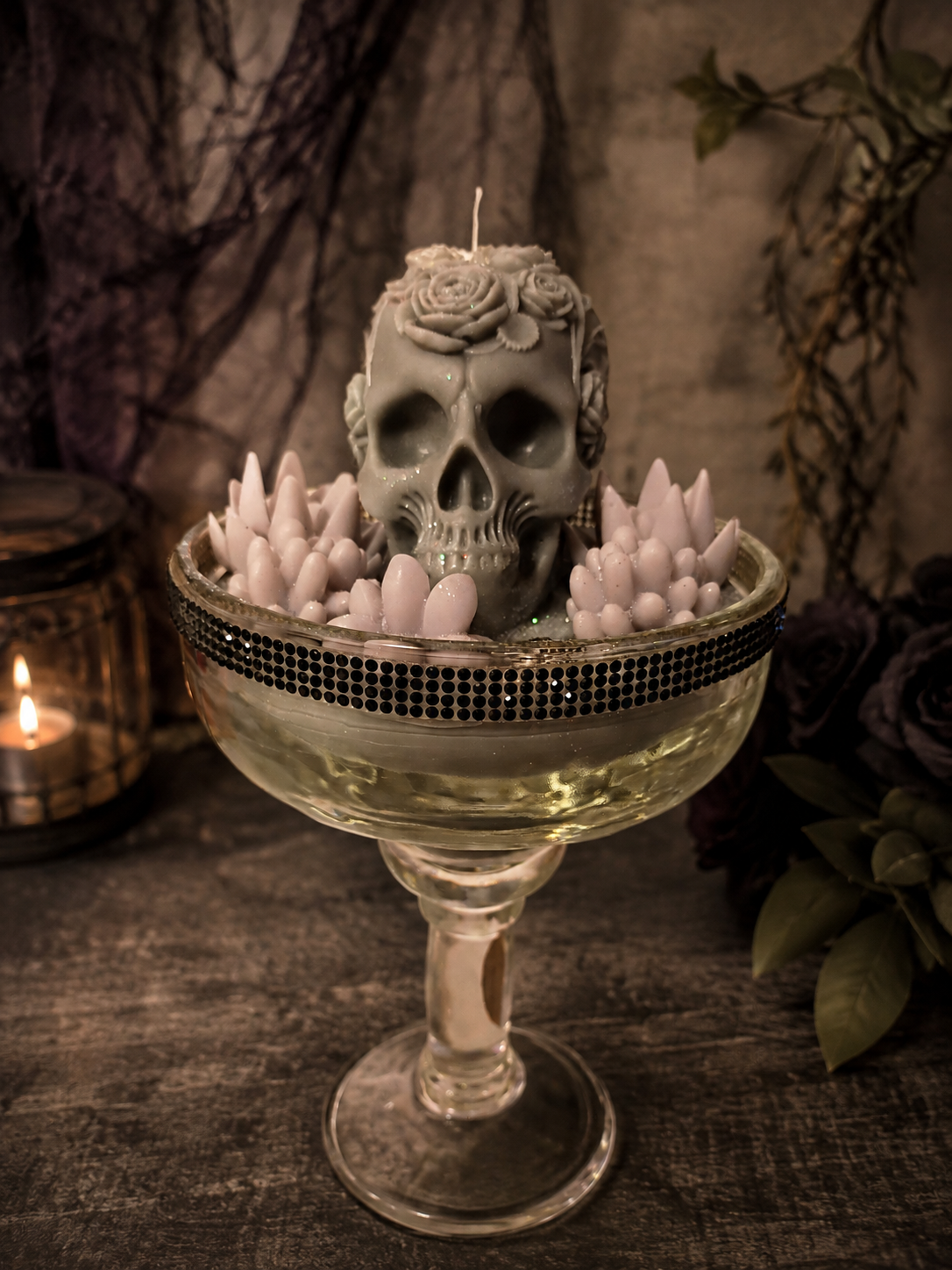 Purple & Grey Tall Gothic Succulent Candle, Coconut Mahogany