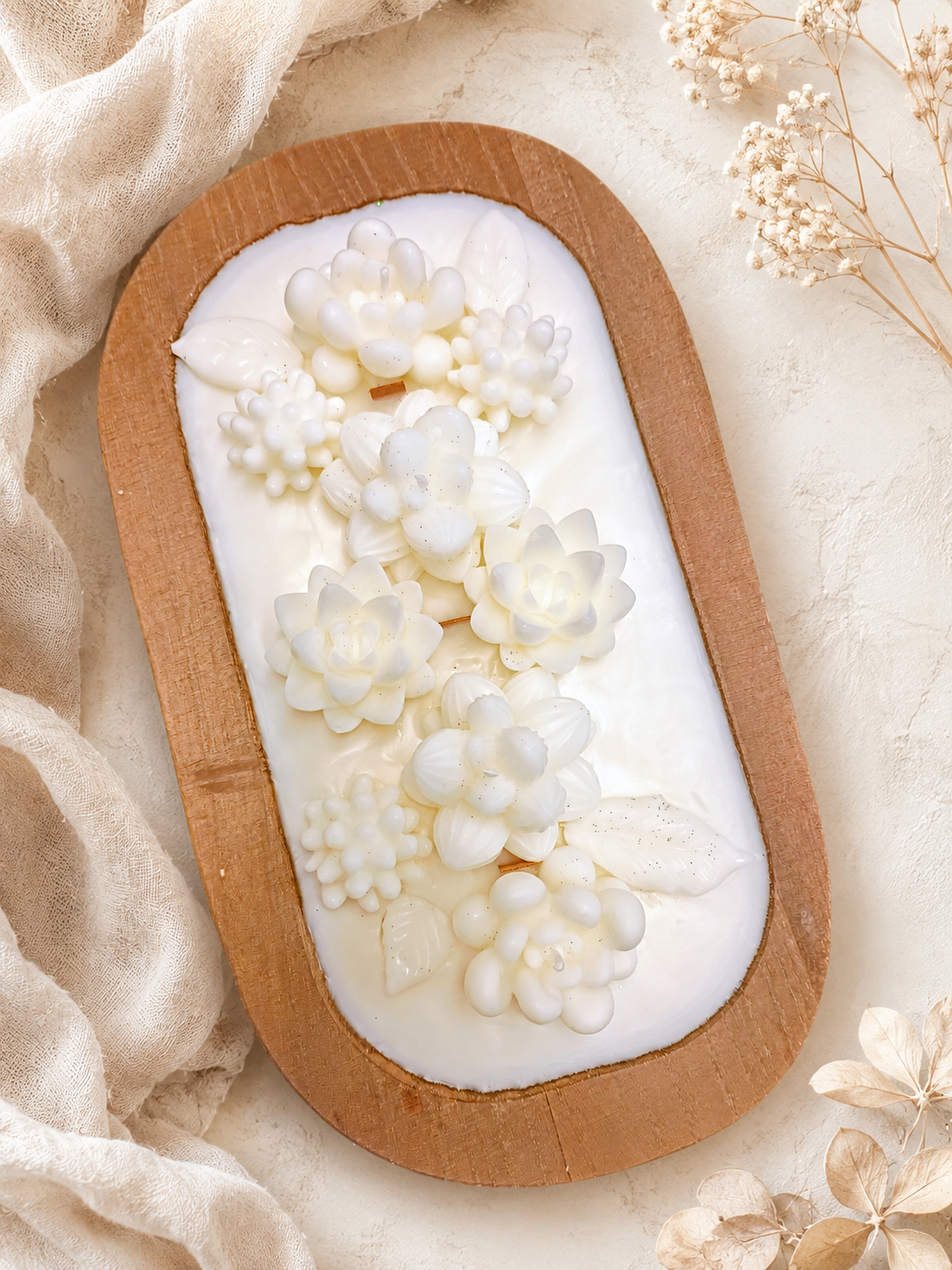 White Succulent Garden Dough Bowl Candle 520g
