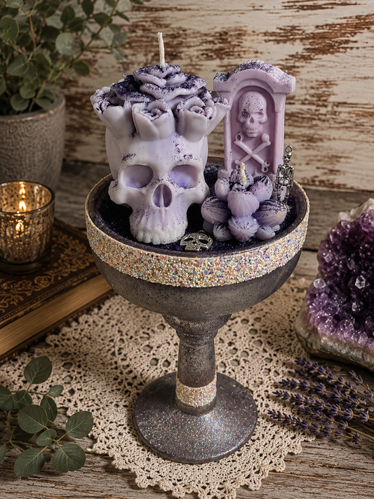 Purple Blossoming Skull with Headstone & Succulent Candle