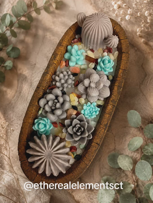 Blue & Brown Succulent Garden Dough Bowl Candle