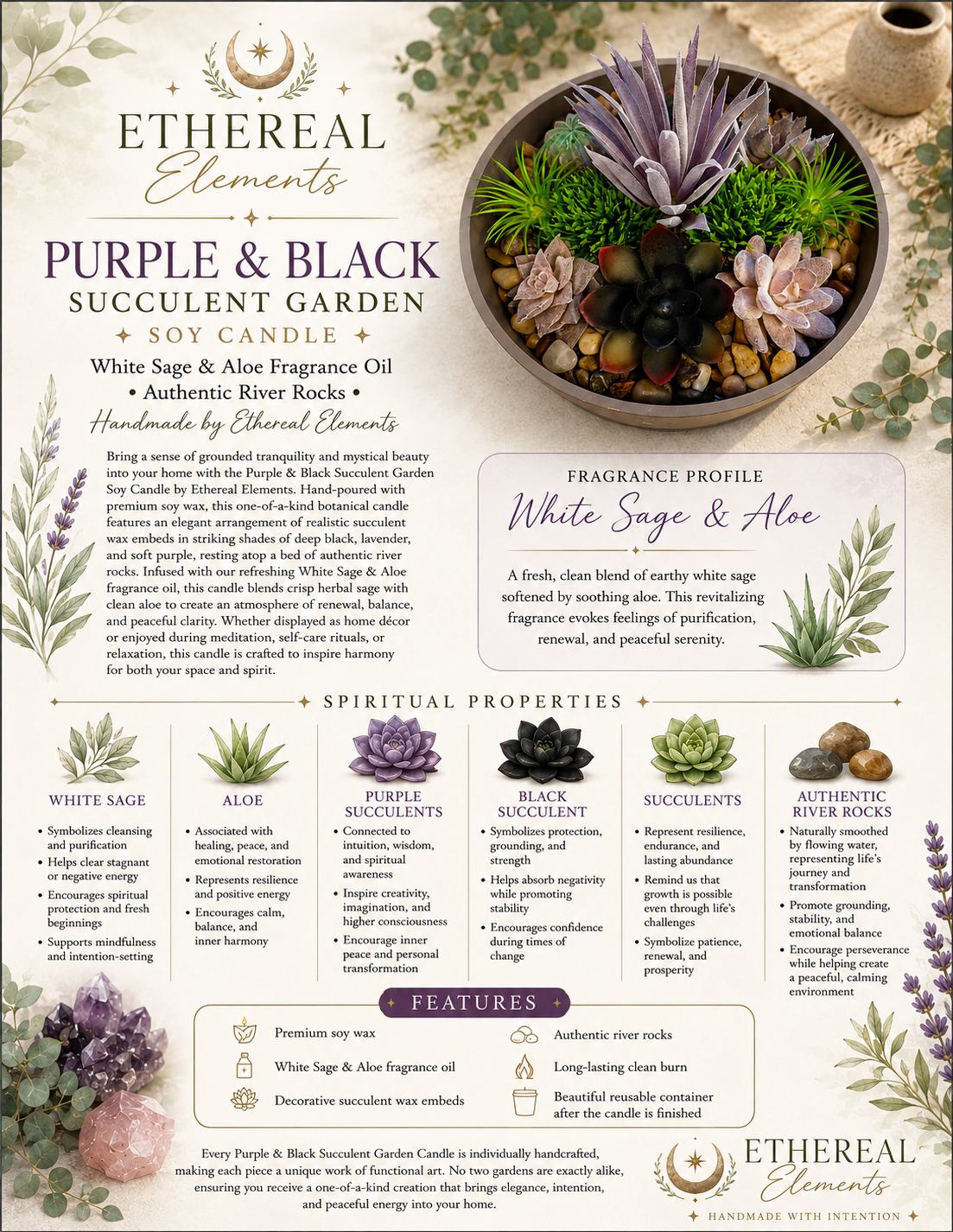 Purple & Black White Sage & Aloe Succulent Garden
