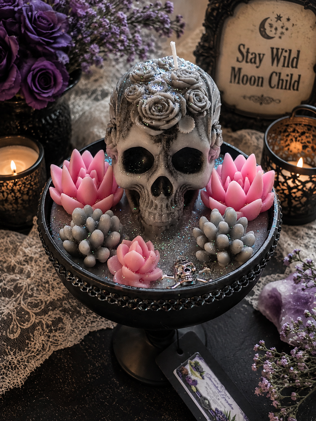 Pink Gray Tall Gothic Candle- Sandalwood, Tonka, Cardamom