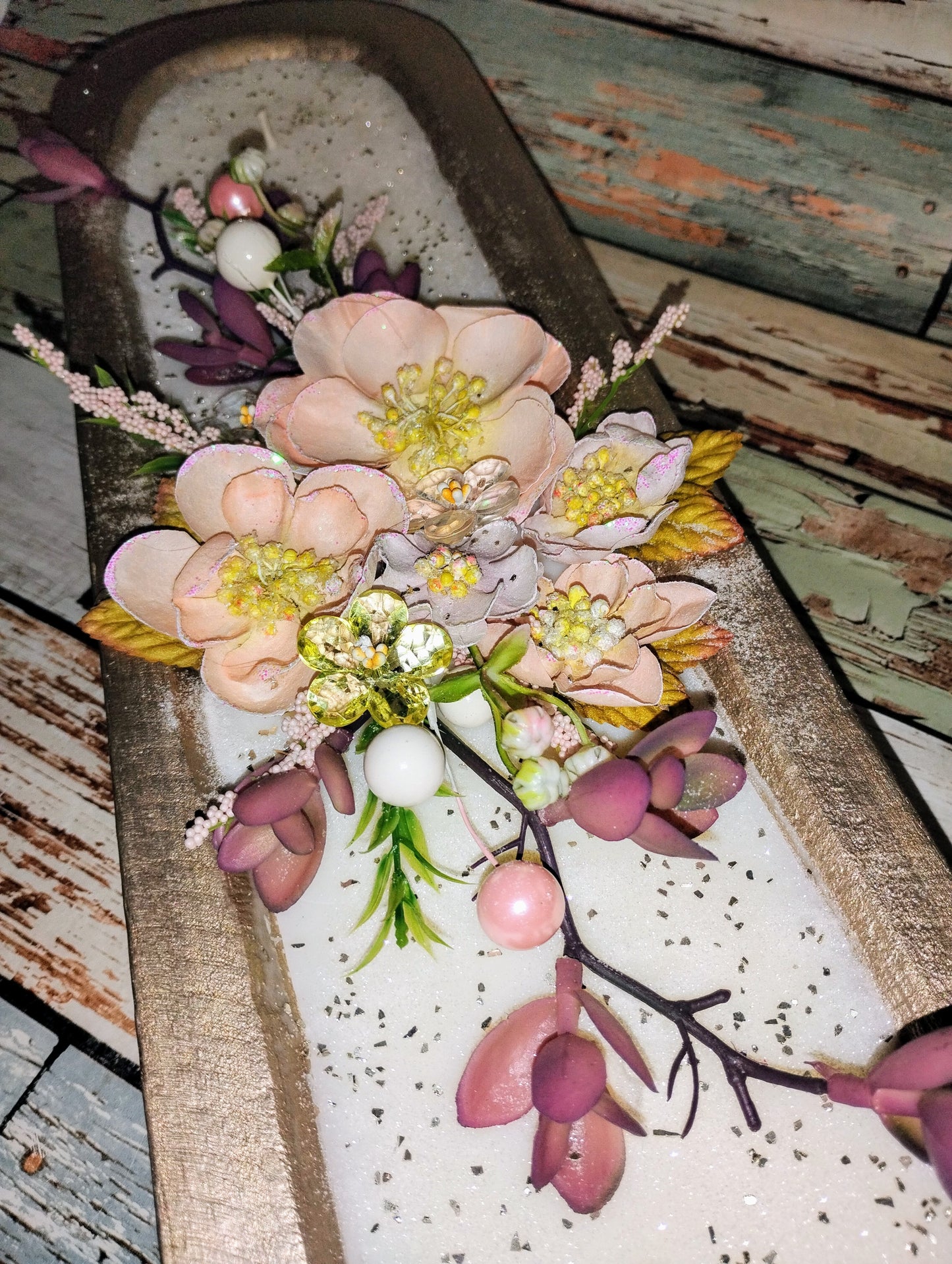 Rose Gold, 16" Centerpiece Dough Bowl Candle w/ Elegant Floral Design