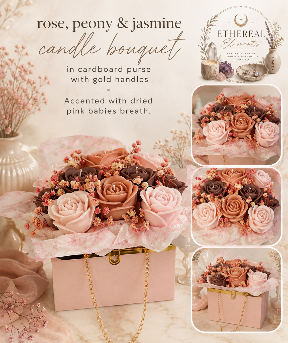 Rose, Peony & Jasmine Candle Bouquet