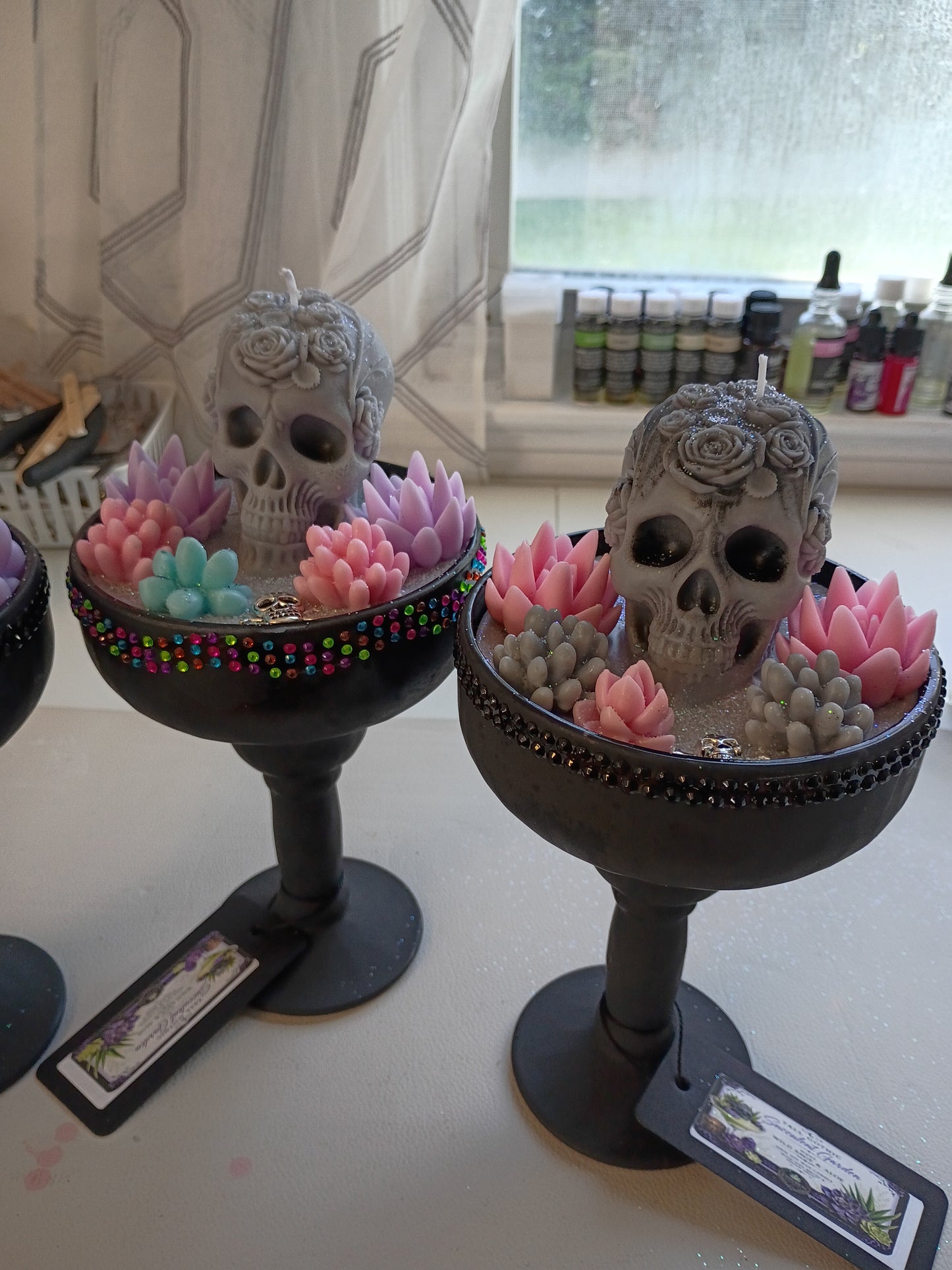 Pink Gray Tall Gothic Candle- Sandalwood, Tonka, Cardamom