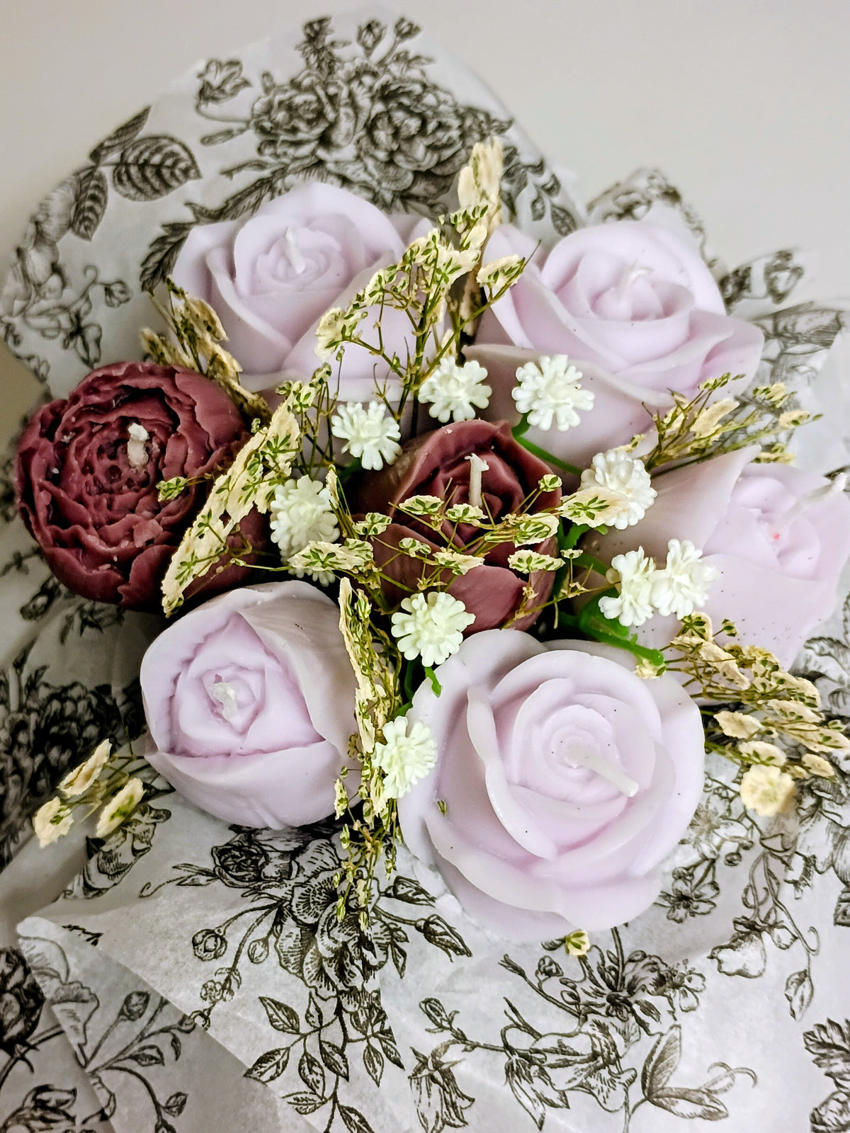 Purple Rose Bouquet 7 Pomelo Blossom Rose Votives w/ Peonies