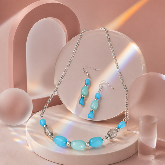 Blue Beaded Chain Necklace & Earrings (Set)