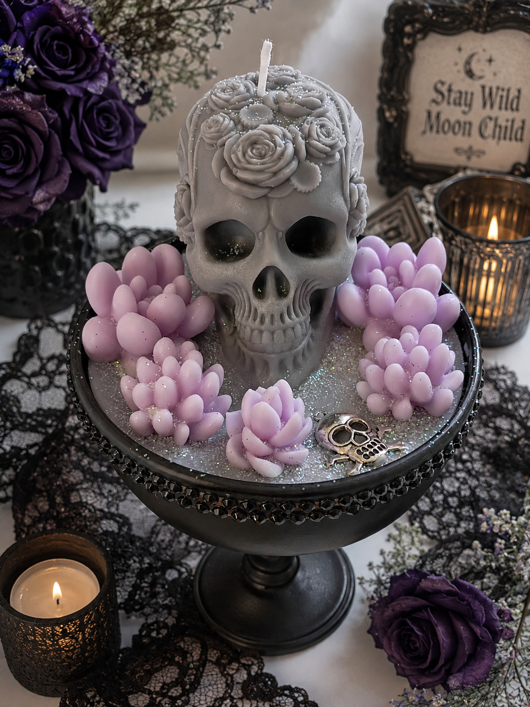 Purple Grey Tall Gothic Succulent Candle