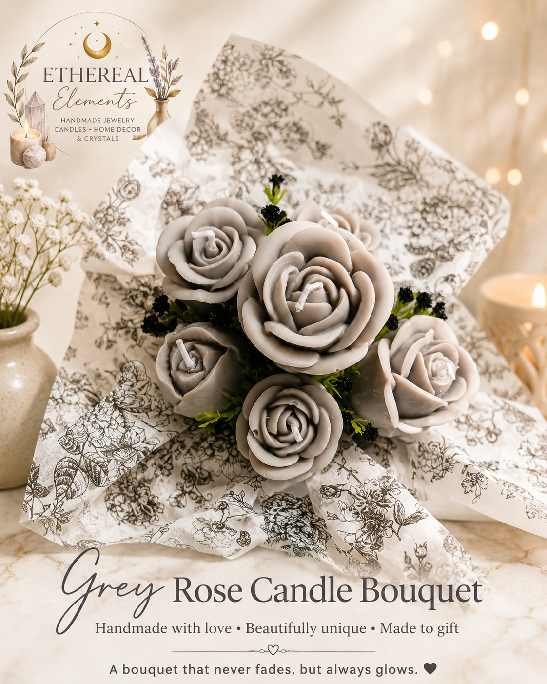 Grey Lavender Sandalwood Candle Bouquet