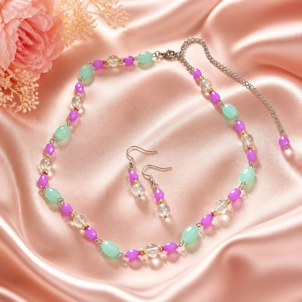 Purple & Teal Chain Necklace & Earring Set