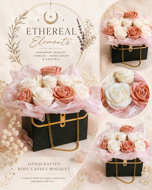 White & Pink, Rose & Peony Scented Candle Bouquet in Black Purse