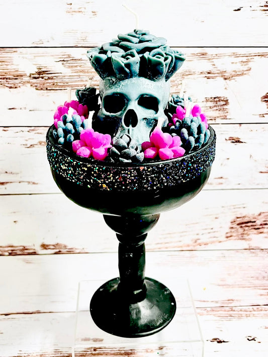 Gray & Pink Blossoming Skull Succulent Candle
