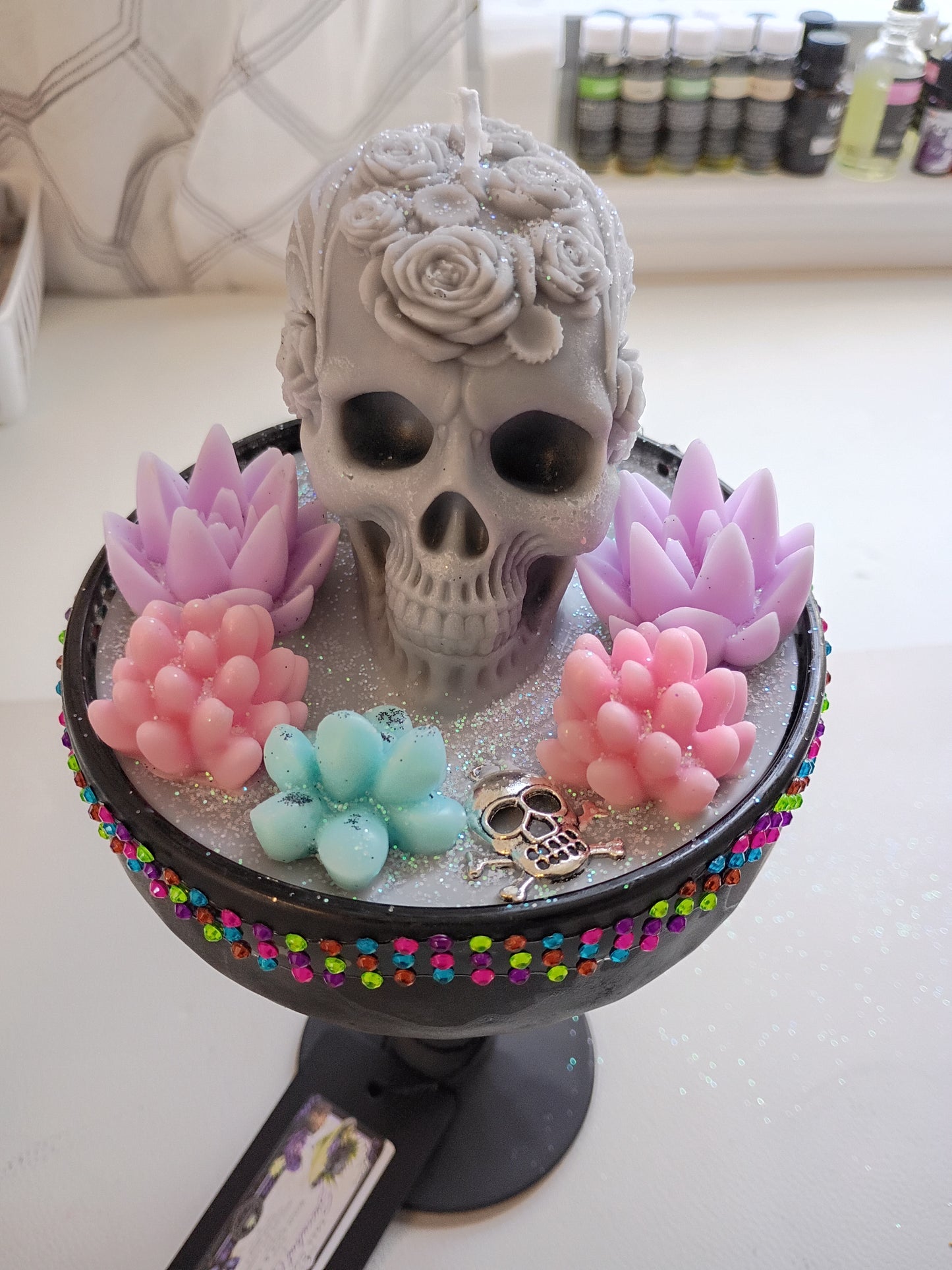 Purple Pink Blue Tall Gothic Succulent Candle