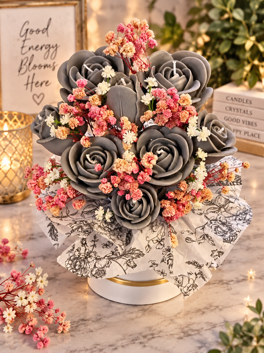 Sugared Bergamot Grey Rose Bouquet w/ Pink & White Baby's Breath 485g