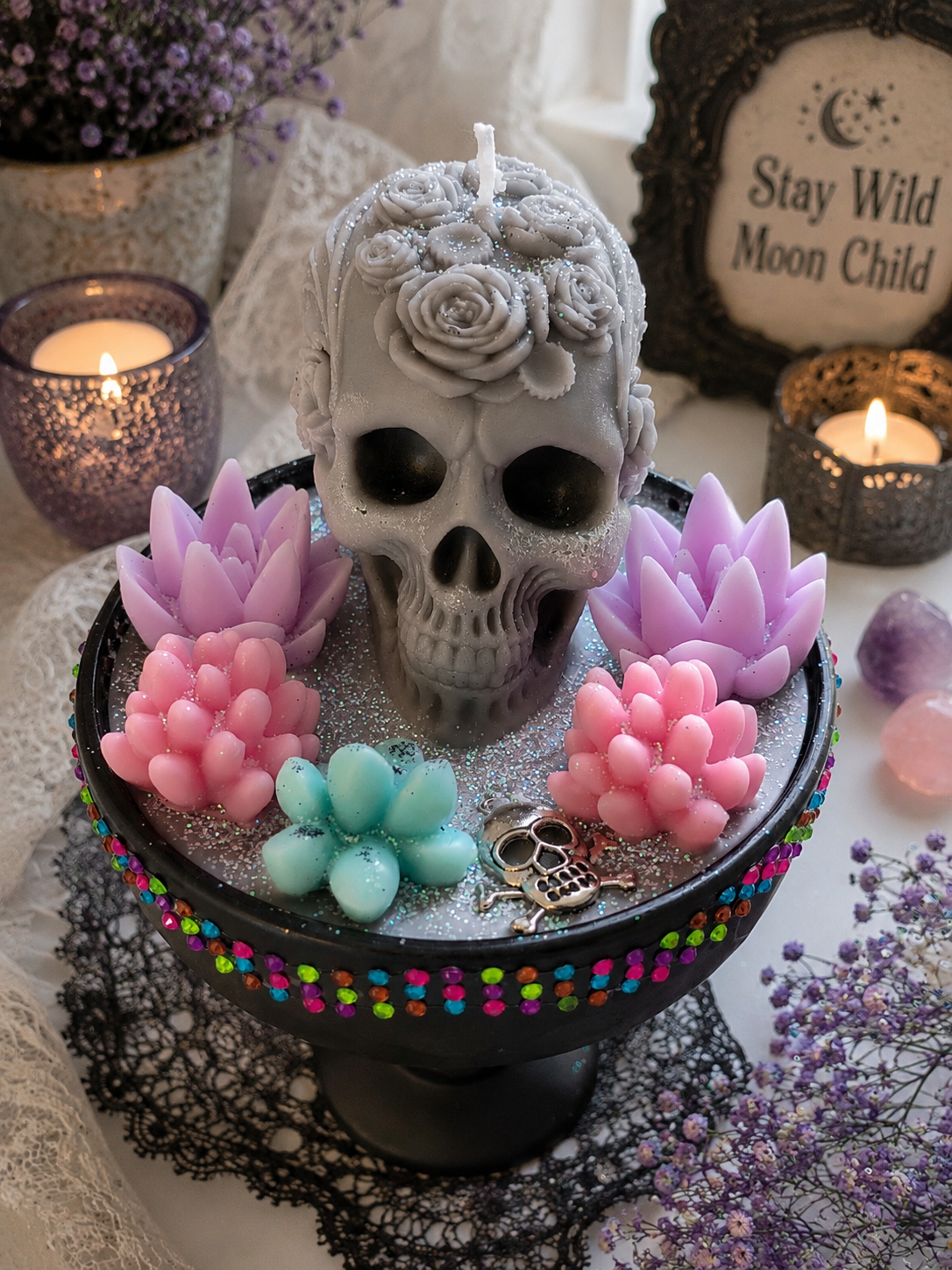 Purple Pink Blue Tall Gothic Succulent Candle