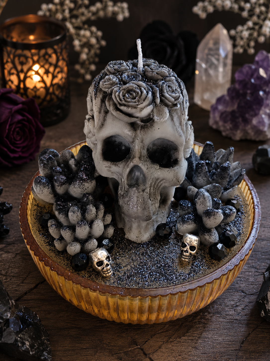 Black Druzy Gothic Succulent Garden Candle