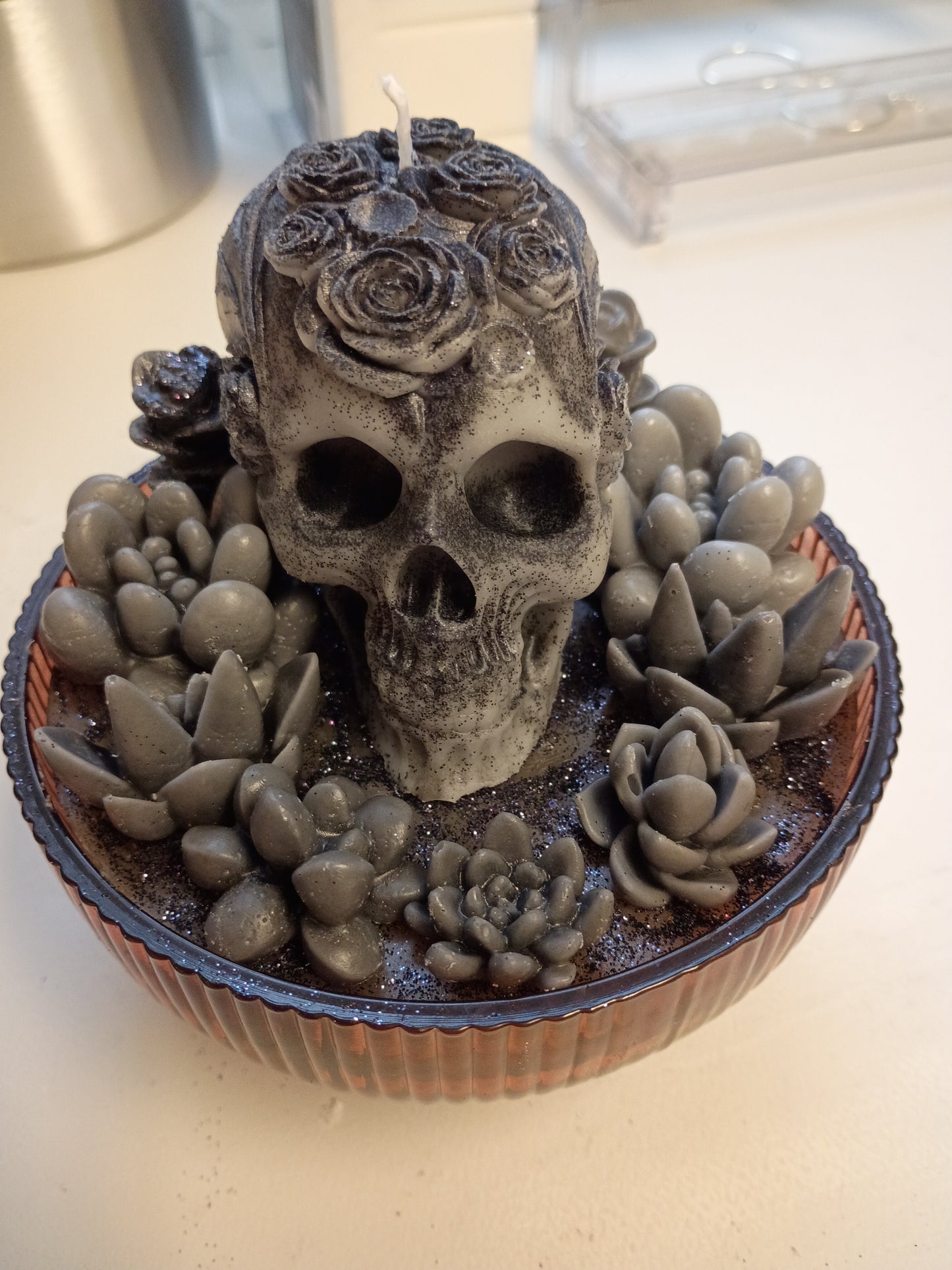 Gray/ Black Gothic Succulent Garden, Amber Fireside