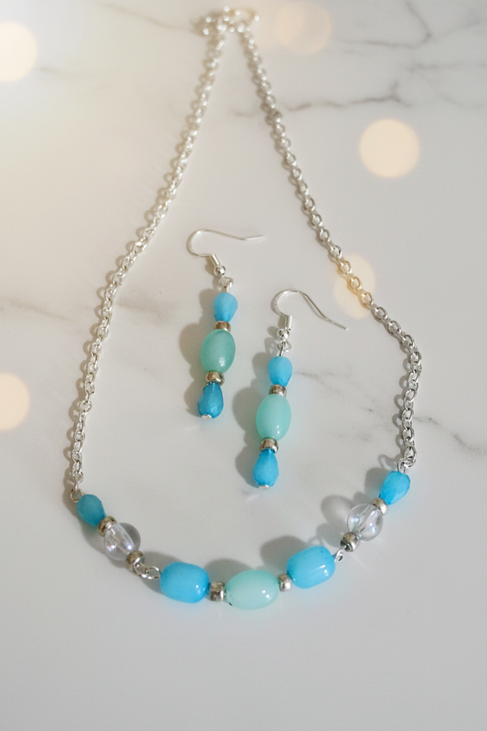 Blue Beaded Chain Necklace & Earrings (Set)