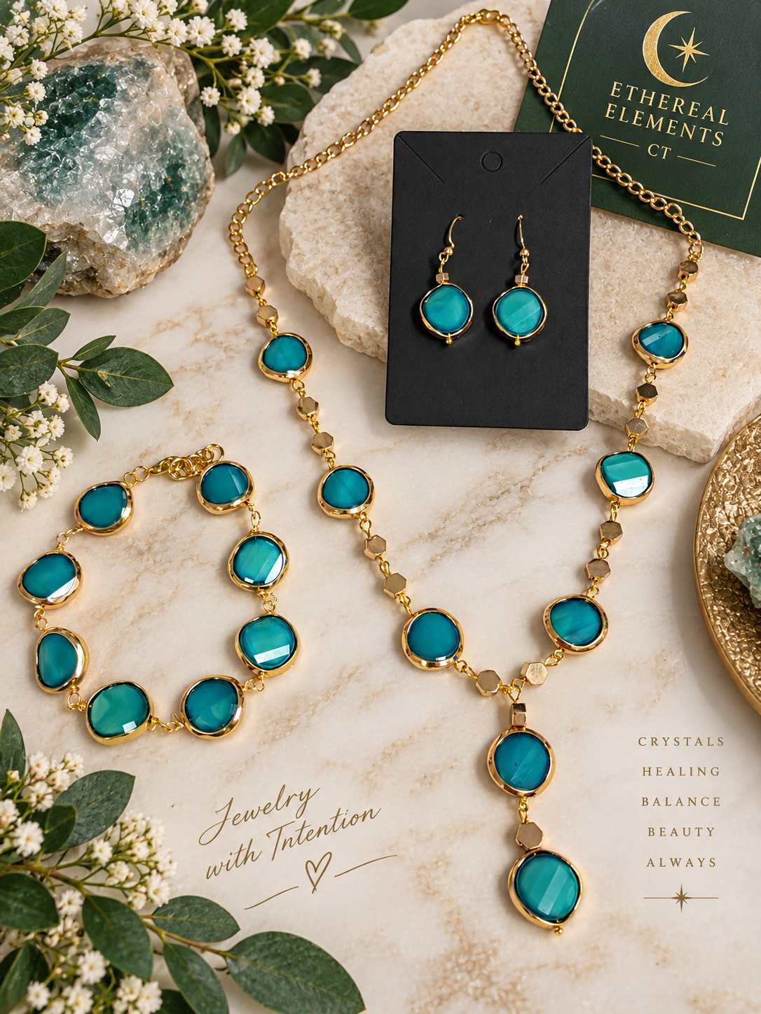 Teal & Gold Wire Wrapped Jewelry Set