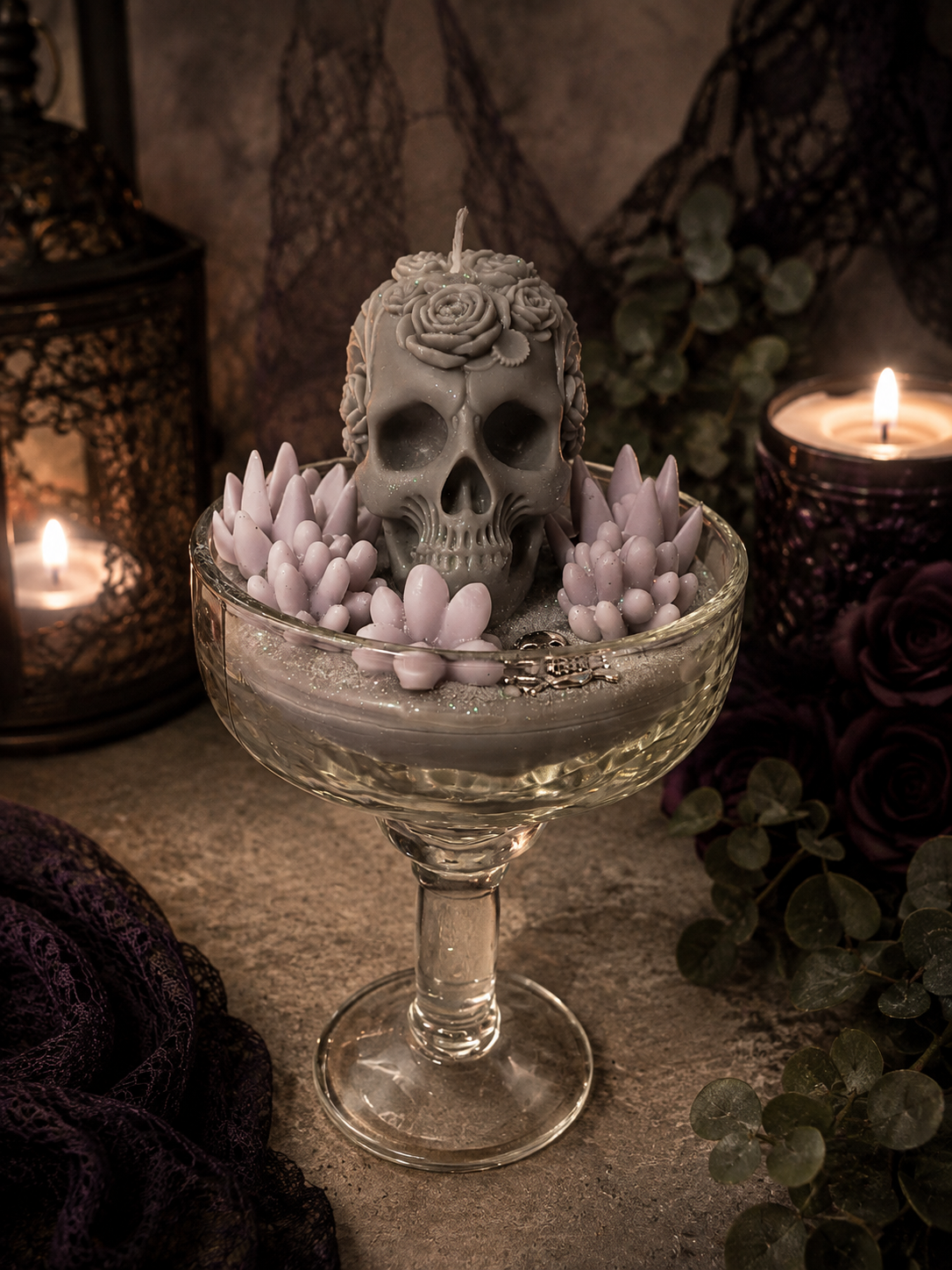 Purple & Grey Tall Gothic Succulent Candle, Coconut Mahogany