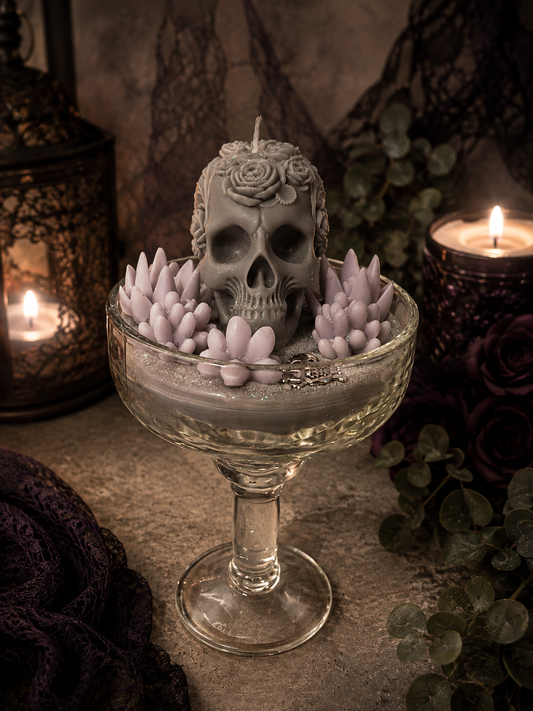 Purple & Grey Tall Gothic Succulent Candle, Coconut Mahogany