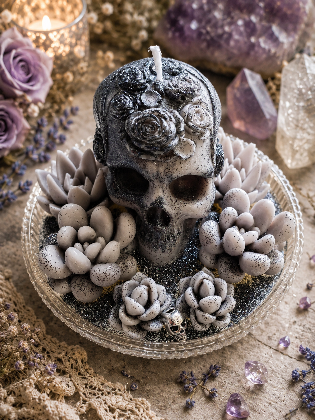 Brown Gothic Succulent Garden Candle, Beach Sage