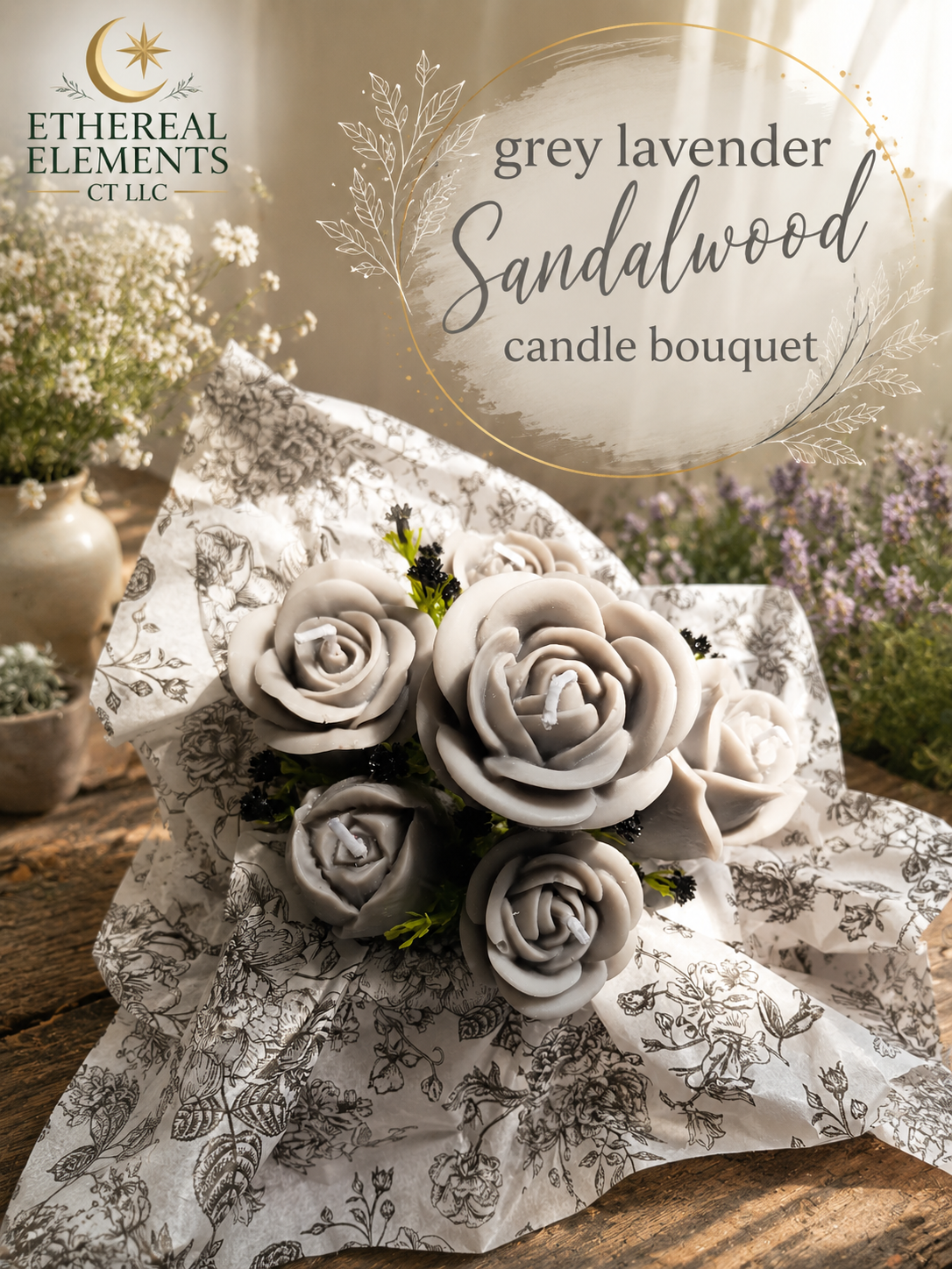 Grey Lavender Sandalwood Candle Bouquet