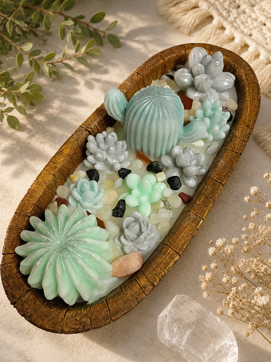 Green/ Grey Succulent Garden Soy Candle, Bergamot Breeze