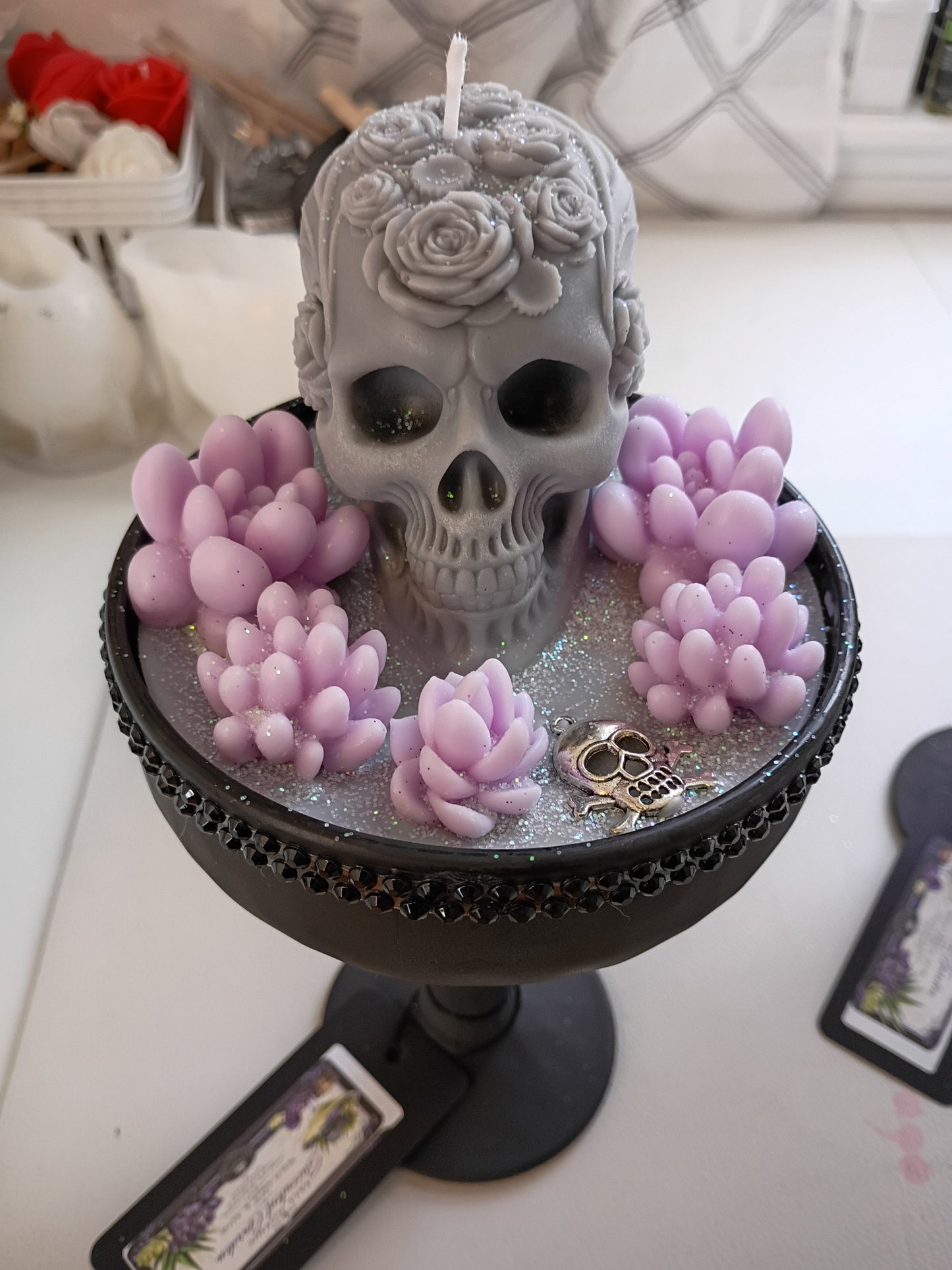 Purple Grey Tall Gothic Succulent Candle