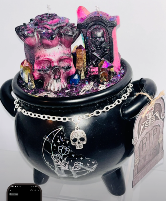 Large Cauldron Skull & Headstone Crystal Candle