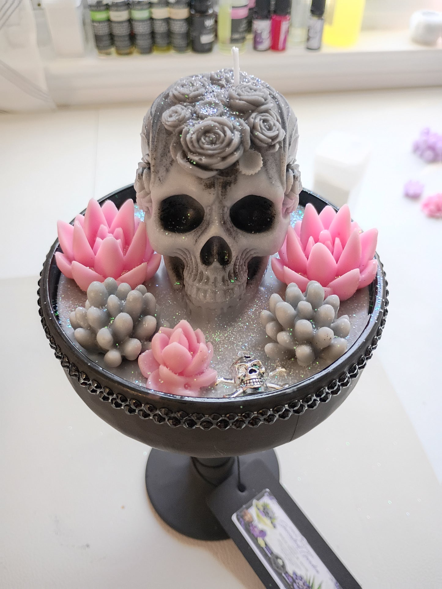 Pink Gray Tall Gothic Candle- Sandalwood, Tonka, Cardamom