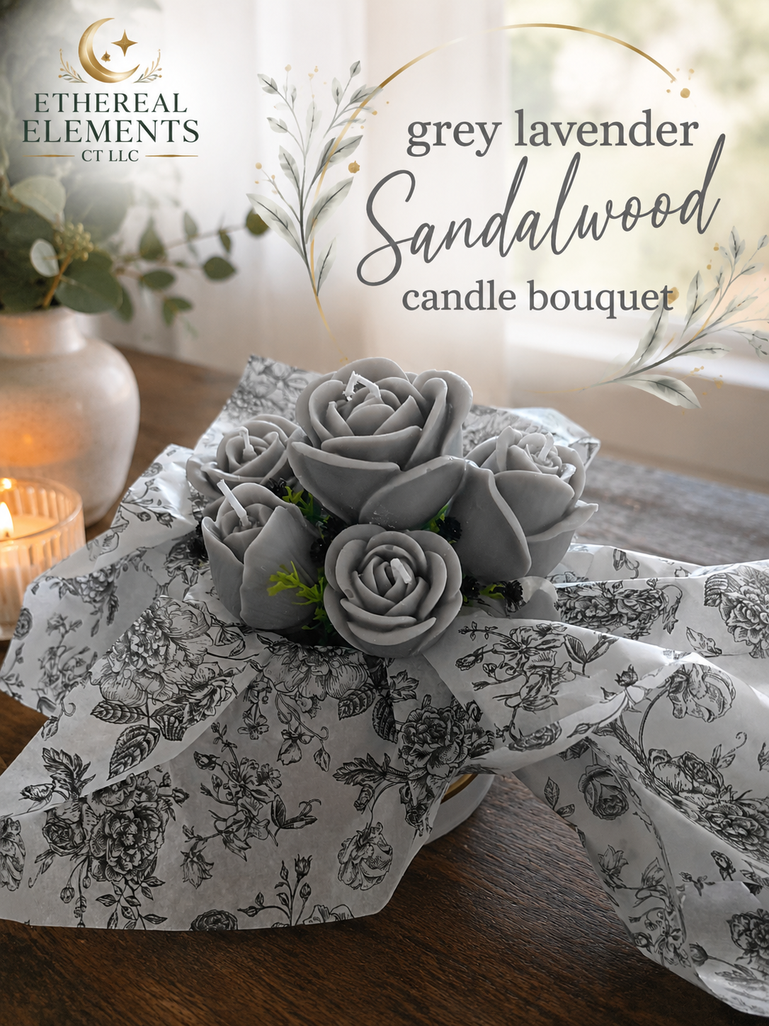 Grey Lavender Sandalwood Candle Bouquet
