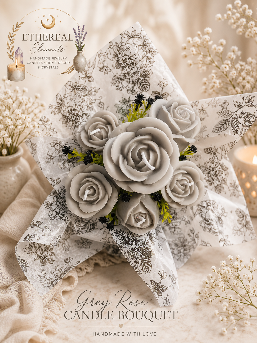 Grey Lavender Sandalwood Candle Bouquet