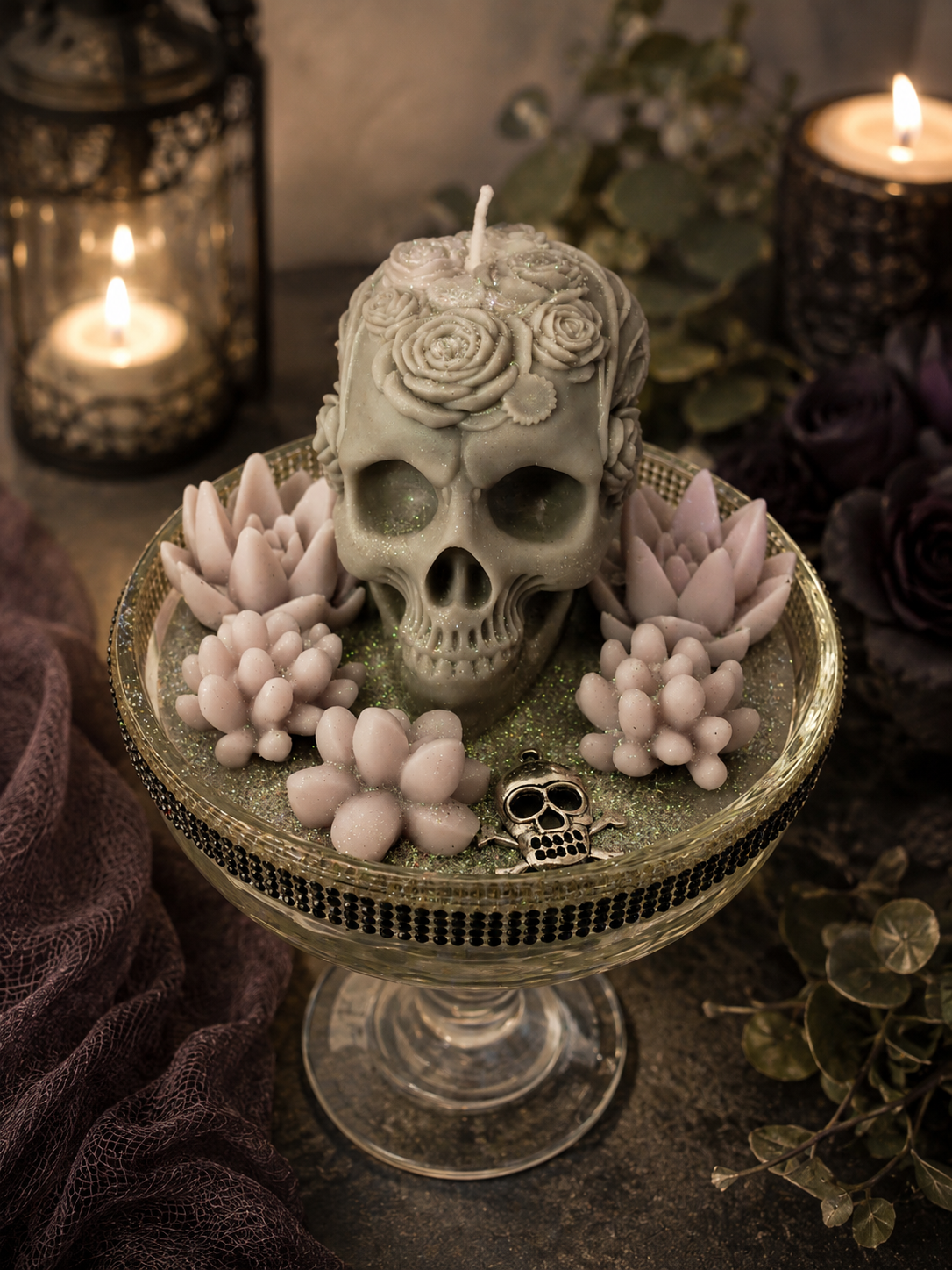 Purple & Grey Tall Gothic Succulent Candle, Coconut Mahogany