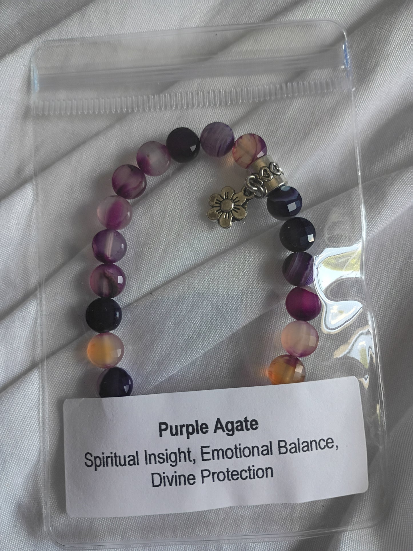 Purple Agate energy bracelet with flower charm