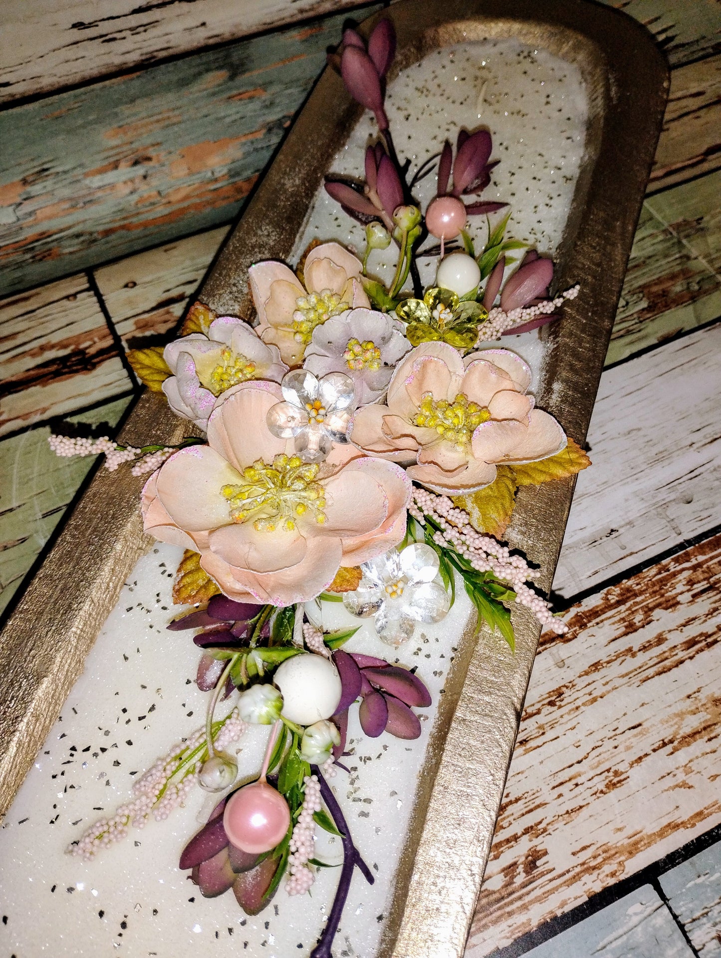 Rose Gold, 16" Centerpiece Dough Bowl Candle w/ Elegant Floral Design