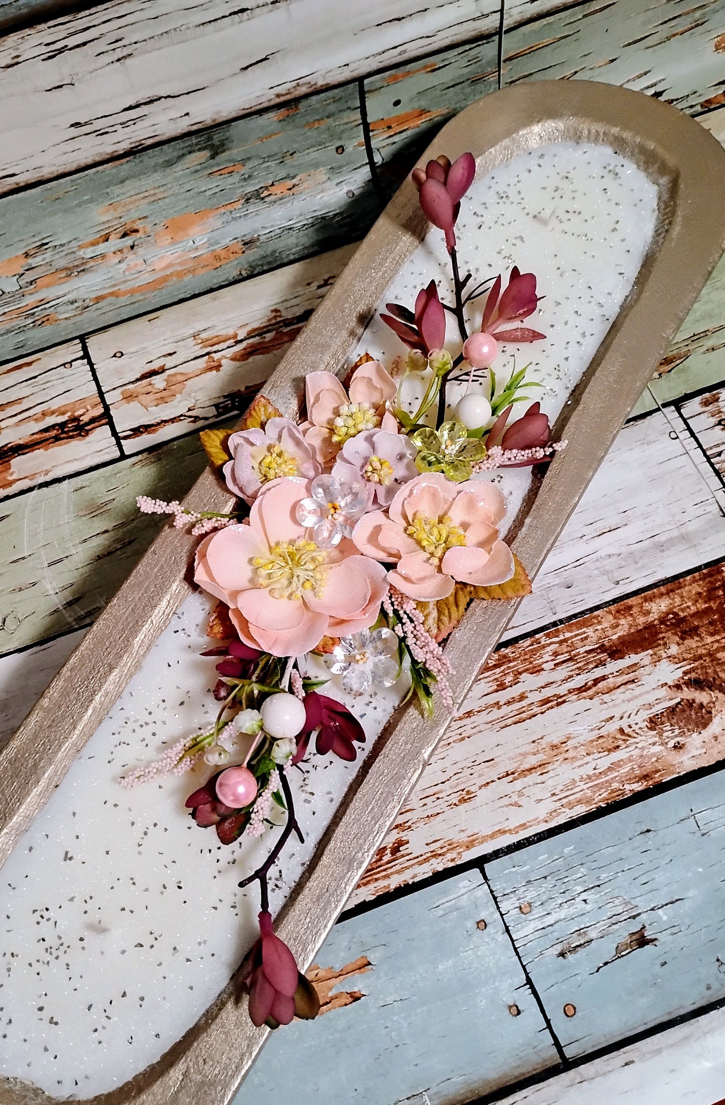 Rose Gold, 16" Centerpiece Dough Bowl Candle w/ Elegant Floral Design