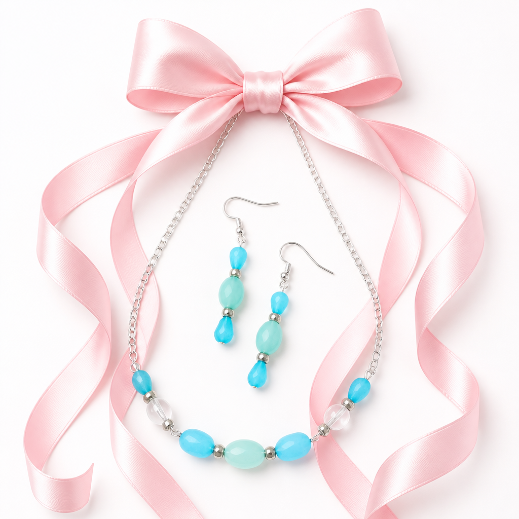 Blue Beaded Chain Necklace & Earrings (Set)